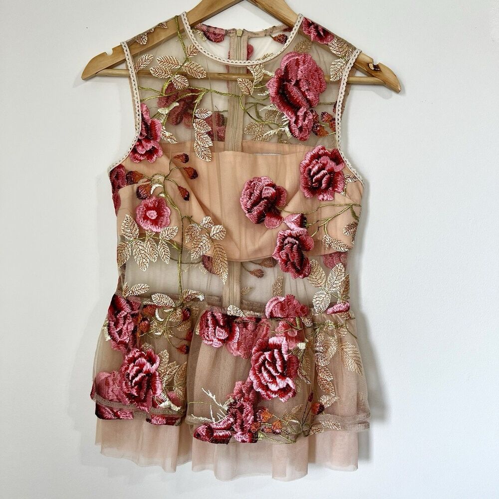 REVOLVE Sheer Floral Embroidered Peplum Tank in Blush and Rose